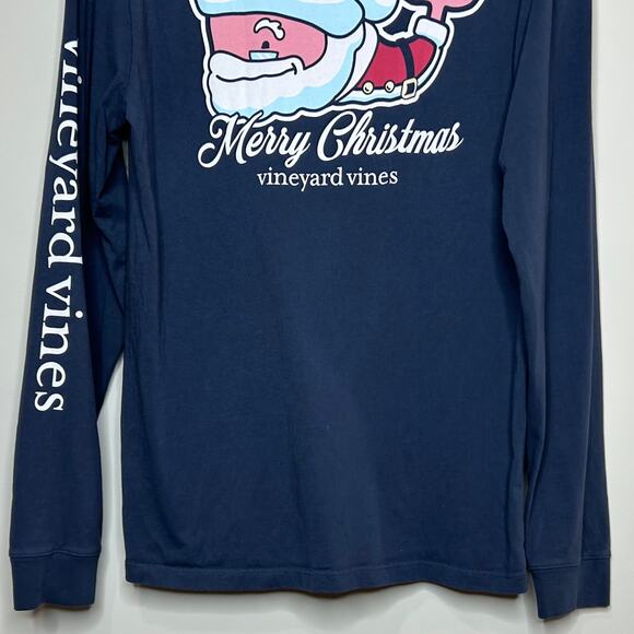 Vineyard Vines Blue Pocket T-Shirt Size S Long Sleeves Santa Merry Christmas - Picture 8 of 9